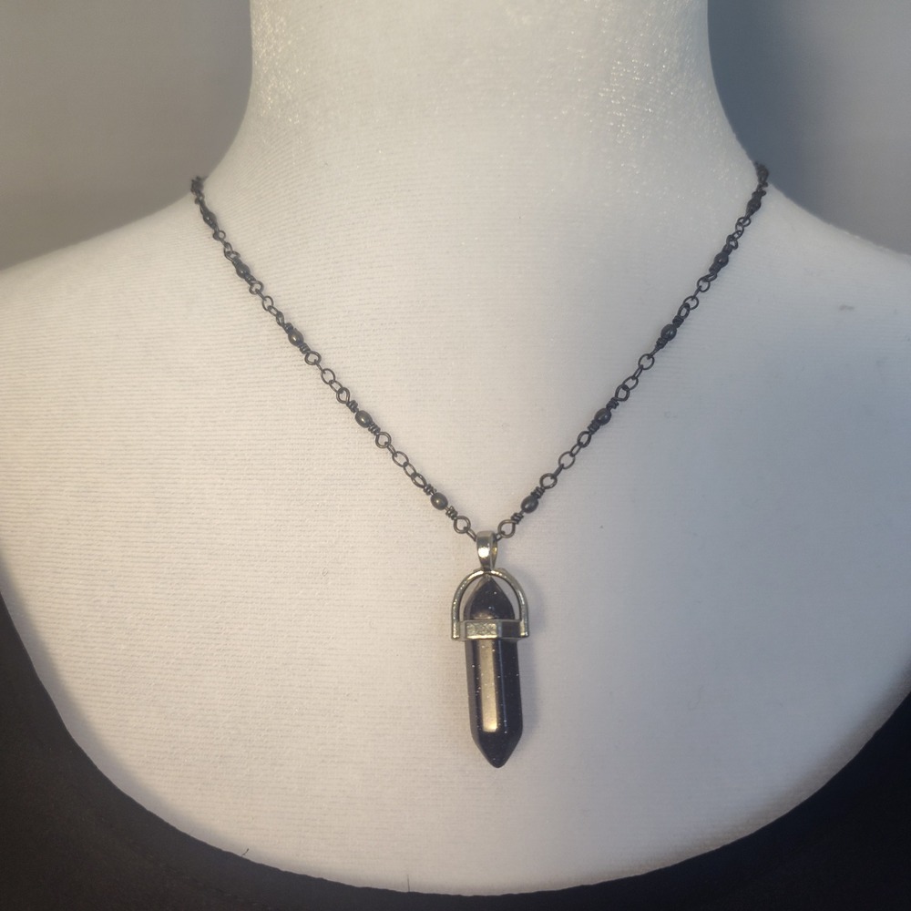 Blue Goldstone Hexagonal Point Pendant Necklace Black Beaded Chain 18 Inch J1062